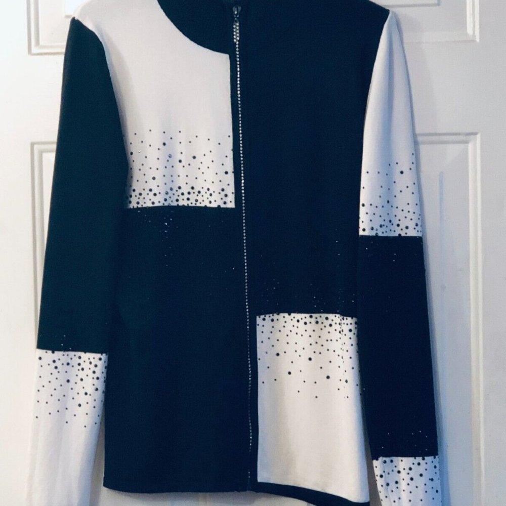 Fontana Sz M Women's Knit Zip Cardigan Sweater Black/White Rhinestones
